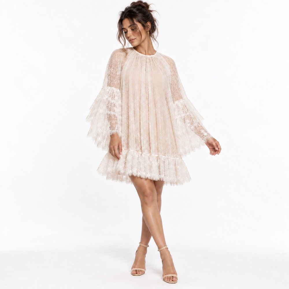 Alice + Olivia Delia Lace Mini Dress Women L Off White Bell Sleeve Boho Romantic
